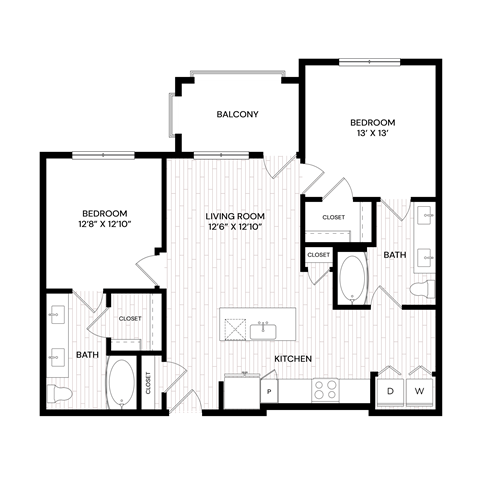 Floor plan for 2 beds, 2 baths, 1023 sqft
